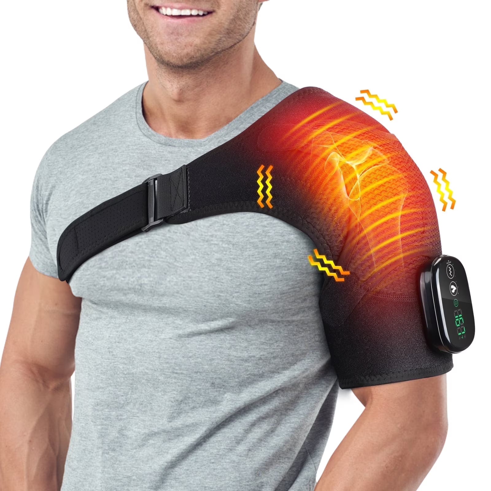 Heated Shoulder Brace Wrap with Massage for Muscle Relief, Heated Shoulder Massage with 3 Heat & Vibration Settings, Electric Shoulder Heating Pad Massager for Men Women, Black Agdoad
