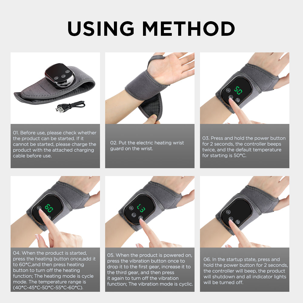 Electric Heating Wrist Guard Warm Hot Compress Wrist Brace Massage Vibration Hand Wrist Protector 5 Level Temperature 3 Modes Wrist Massage Wrap Rechargeable Heating Wristband HailiCare Health & Beauty