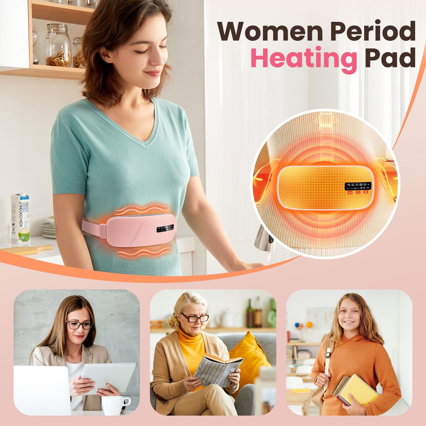 HailiCare Menstrual Relief Portable Cordless Heating Pad Electric Fast Heating Vibration Massage Belt Reduce Dysmenorrhea Abdominal Warmer Belt Women Period Heating Belt with 5 Heat Levels and 4 Massage Modes HailiCare Health & Beauty