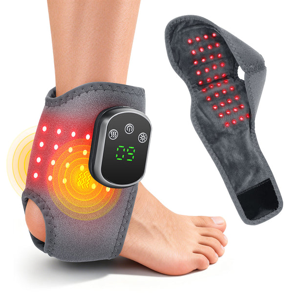 HailiCare heating vibrating ankle massager worn on foot showing red heat therapy effect with digital display
