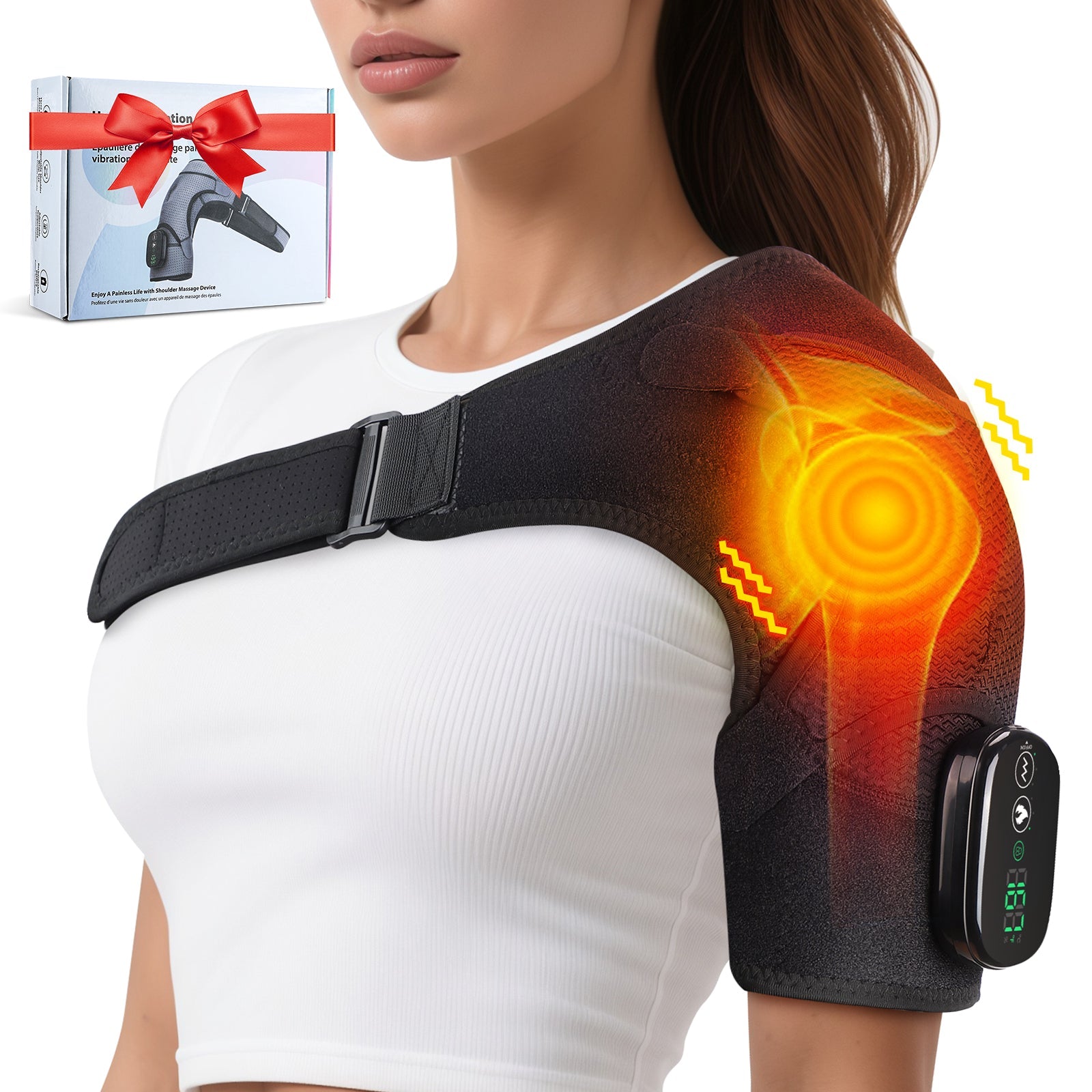 Heated Shoulder Wrap with Massage for Muscle Relief with 3 Heat & Vibration Settings, Black Shoulder Massager Hwallkare