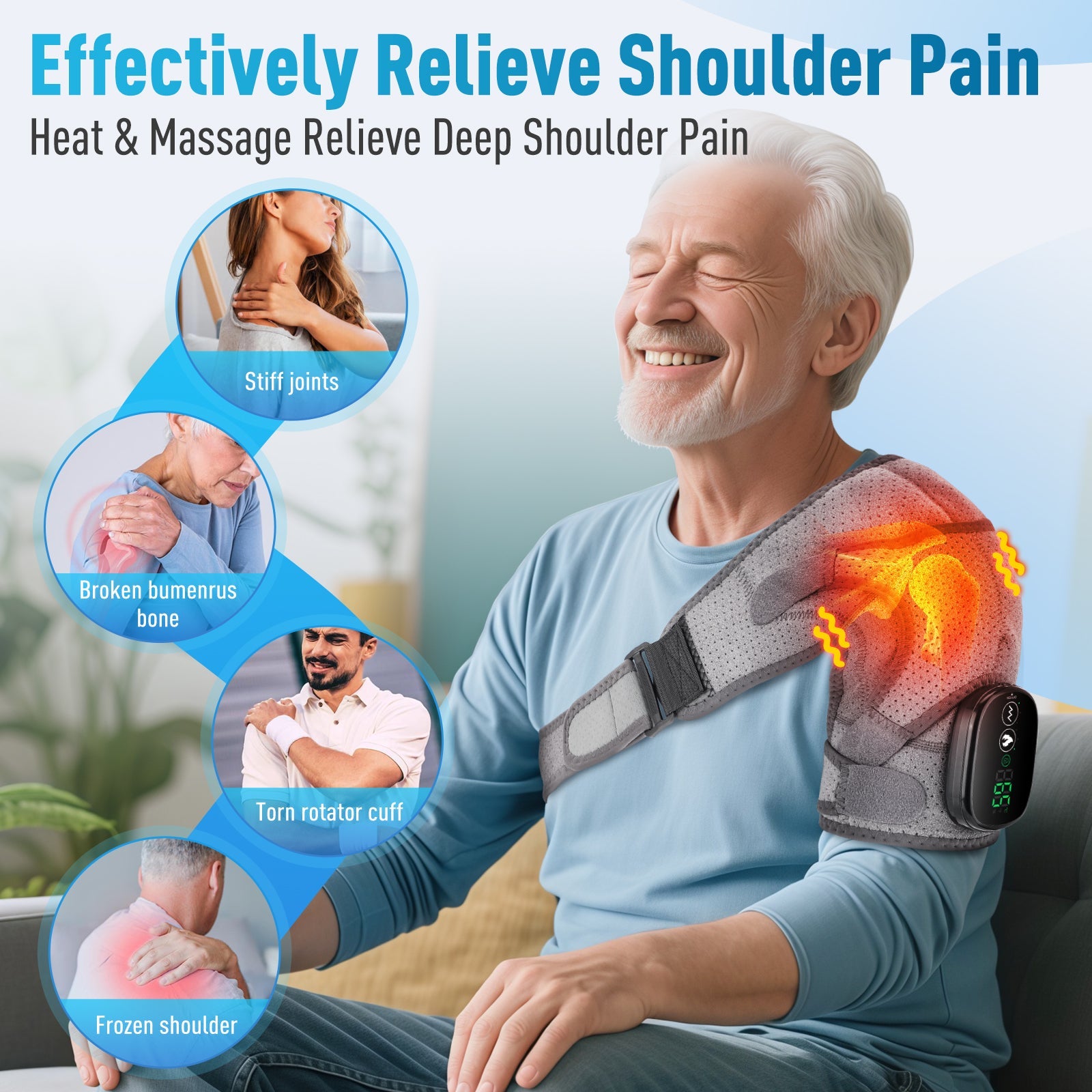 Heated Shoulder Brace Wrap, Electric Cordless Shoulder Massager with 3 Heat & Vibration Modes, Portable Shoulder Heating Pad for Muscle Fatigue Relieve Hwallkare