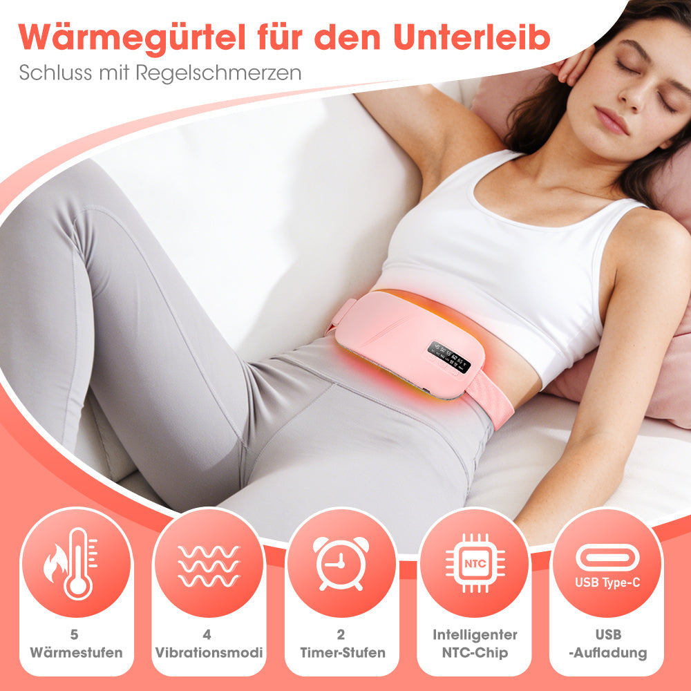 Woman lying down relaxing with pink waist heating belt for menstrual pain relief, showing 5 heat levels, 4 vibration modes and USB charging features