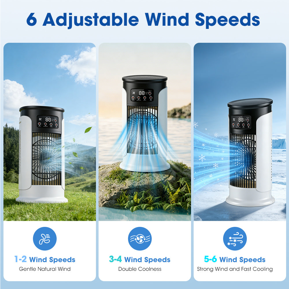 Portable Air Conditioner Fan, 6-Speed Cooling Fan with Humidifier, 6H Timer, 7-Color Ambient Light, 300ml Water Tank, USB Powered Desktop Air Cooler for Home Office Bedroom Hwallkare