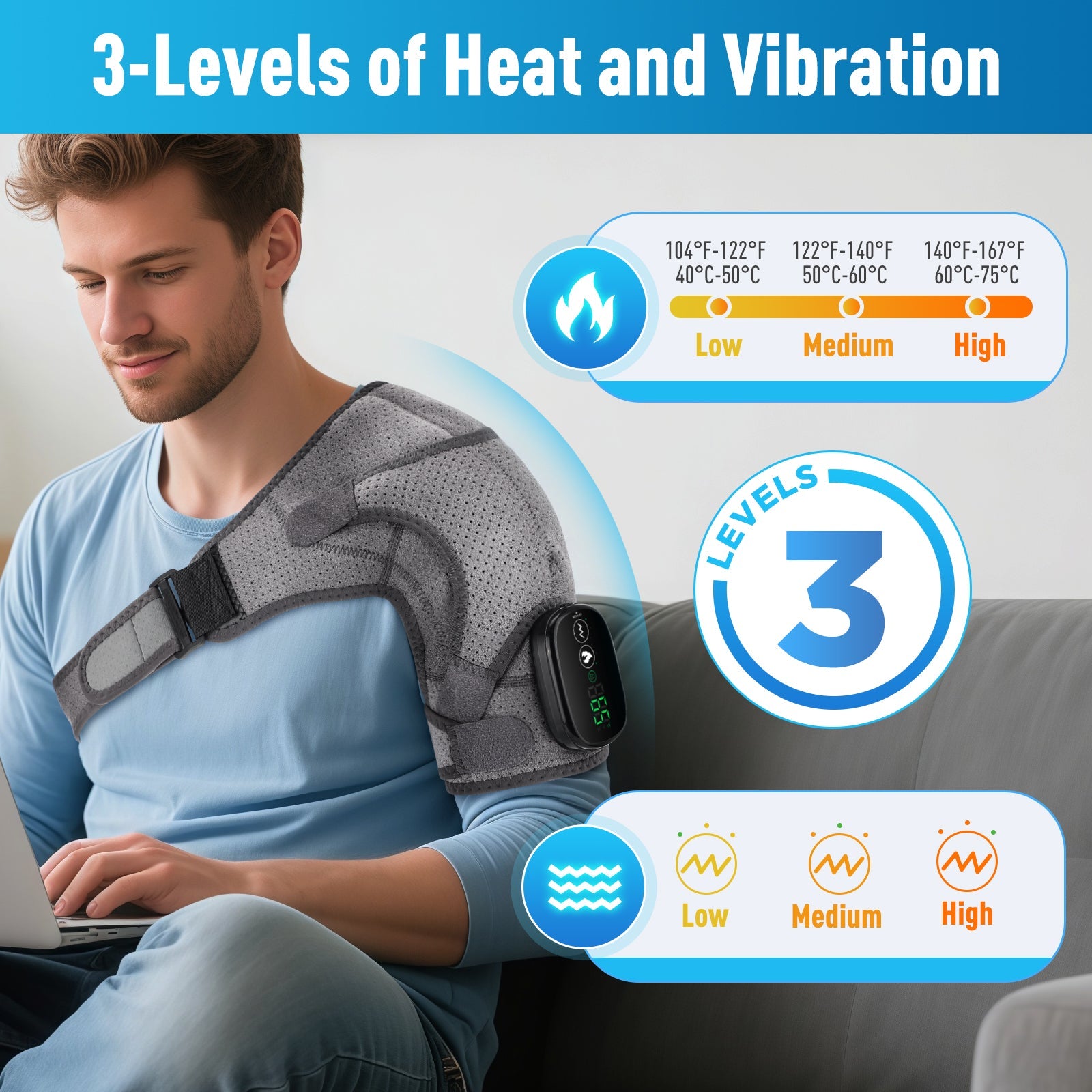 Heated Shoulder Brace Wrap, Electric Cordless Shoulder Massager with 3 Heat & Vibration Modes, Portable Shoulder Heating Pad for Muscle Fatigue Relieve Hwallkare