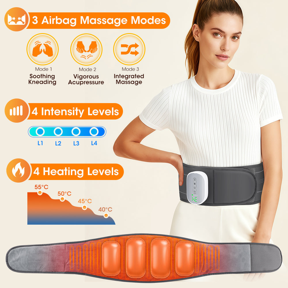 Cordless Heated Airbag Lumbar Massager, 3 Airbag Modes 4 Heat Levels 4 Intensity Levels, Portable Waist Support Belt with 2000mAh Battery for Muscle Relaxation Fatigue Relief Hwallkare