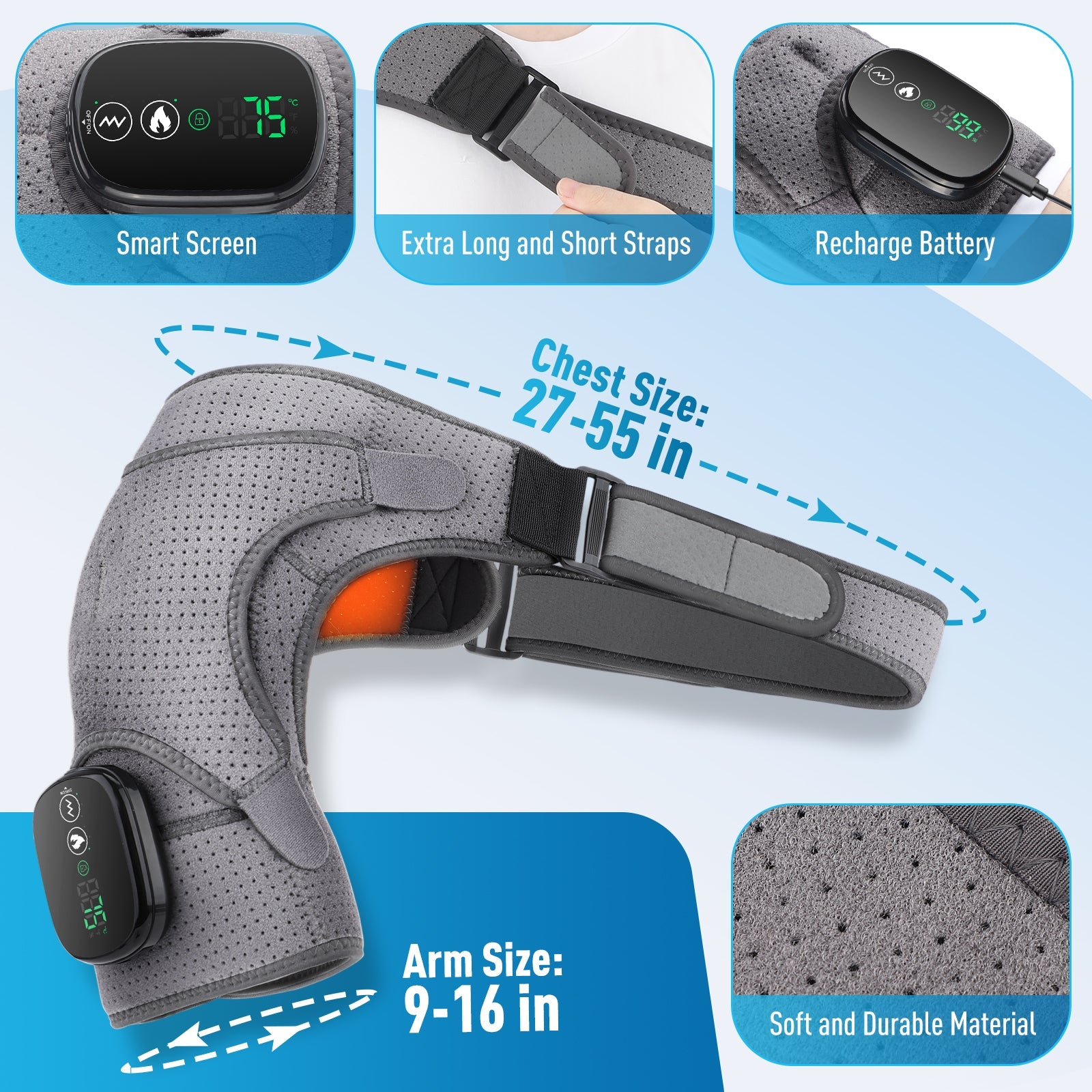 Heated Shoulder Brace Wrap, Electric Cordless Shoulder Massager with 3 Heat & Vibration Modes, Portable Shoulder Heating Pad for Muscle Fatigue Relieve Hwallkare