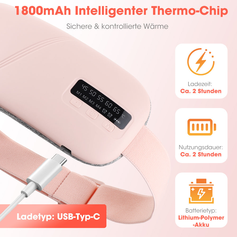 Pink waist massager with 1800mAh battery, USB-C charging port and digital control panel showing temperature settings