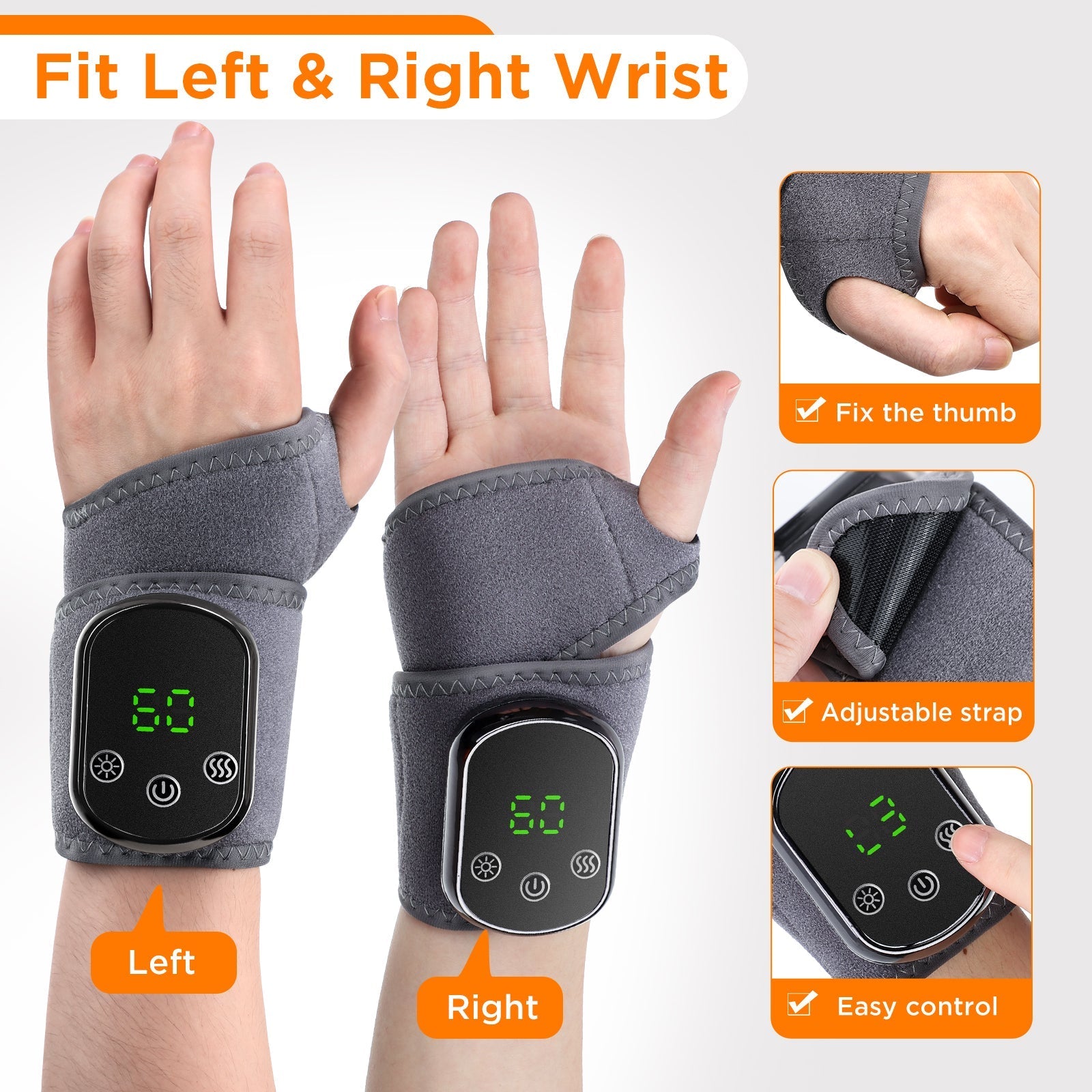 Heated Wrist Massager, 2Pcs Cordless Wrist Heating Brace Wrap with 5 Level Heating 3 Vibration Modes, Portable Wrist Warmer for Left Right Hand Men Women, Gray Hwallkare