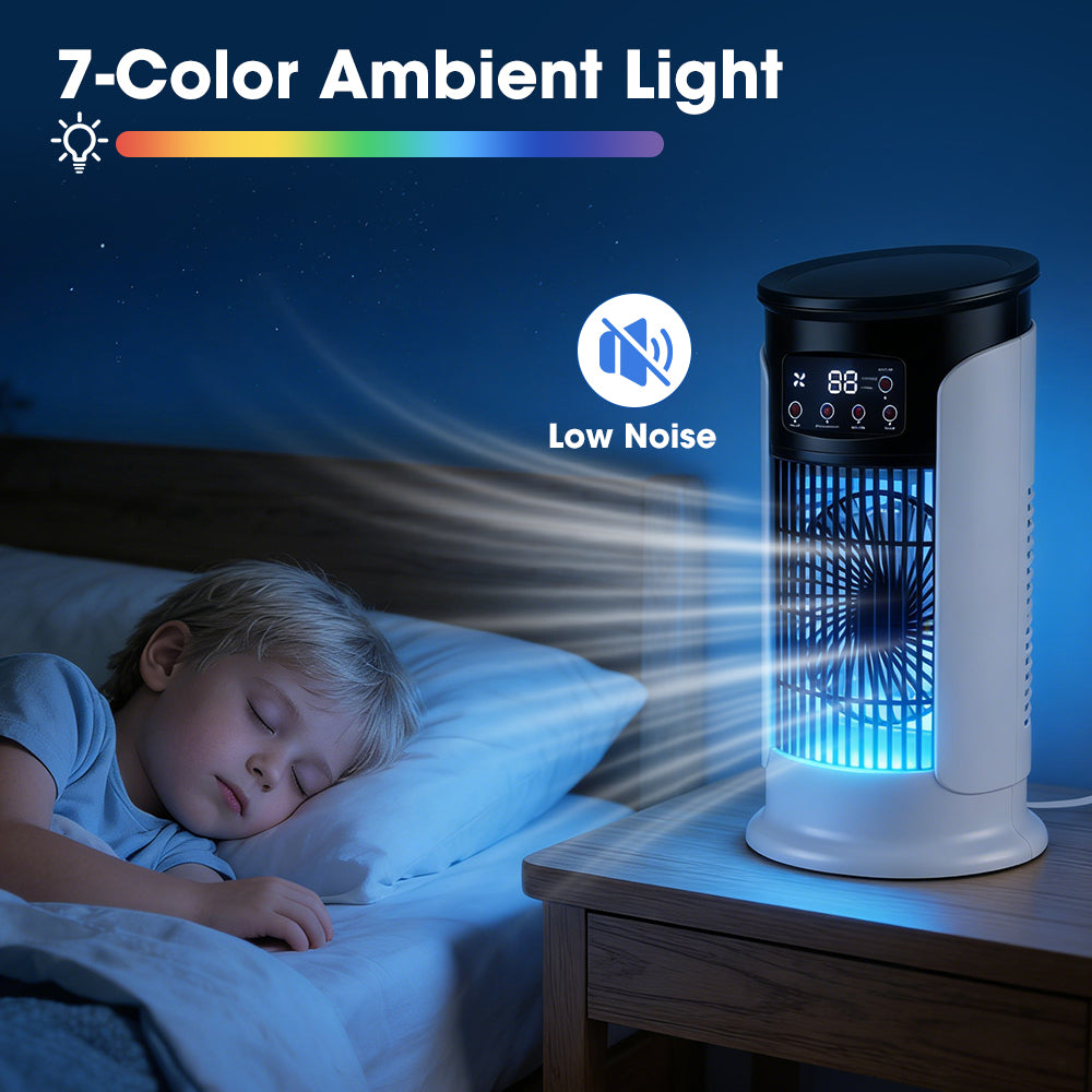 Portable Air Conditioner Fan, 6-Speed Cooling Fan with Humidifier, 6H Timer, 7-Color Ambient Light, 300ml Water Tank, USB Powered Desktop Air Cooler for Home Office Bedroom Hwallkare