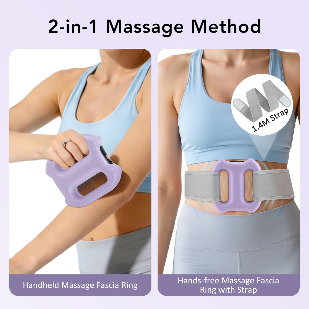Fascia Ring Massager with 5 Intensity Levels & 3 Smart Modes, Cordless Dual Ring Fascia Tool with Strap for Hands-Free Use, Portable Vibration for Stomach Waist Back Thigh, Purple Agdoad