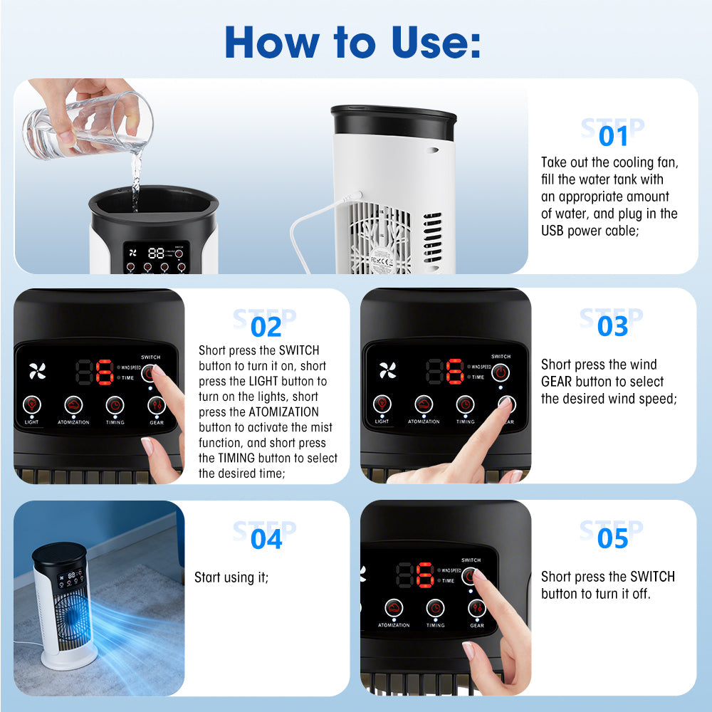 Portable Air Conditioner Fan, 6-Speed Cooling Fan with Humidifier, 6H Timer, 7-Color Ambient Light, 300ml Water Tank, USB Powered Desktop Air Cooler for Home Office Bedroom Hwallkare
