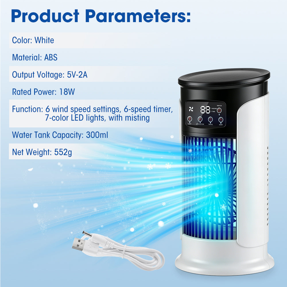 Portable Air Conditioner Fan, 6-Speed Cooling Fan with Humidifier, 6H Timer, 7-Color Ambient Light, 300ml Water Tank, USB Powered Desktop Air Cooler for Home Office Bedroom Hwallkare
