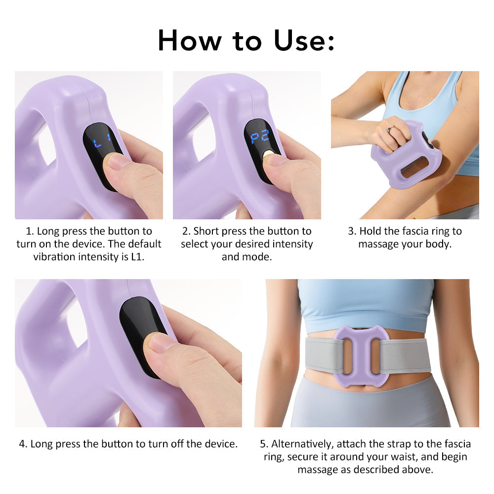 Fascia Ring Massager with 5 Intensity Levels & 3 Smart Modes, Cordless Dual Ring Fascia Tool with Strap for Hands-Free Use, Portable Vibration for Stomach Waist Back Thigh, Purple Agdoad