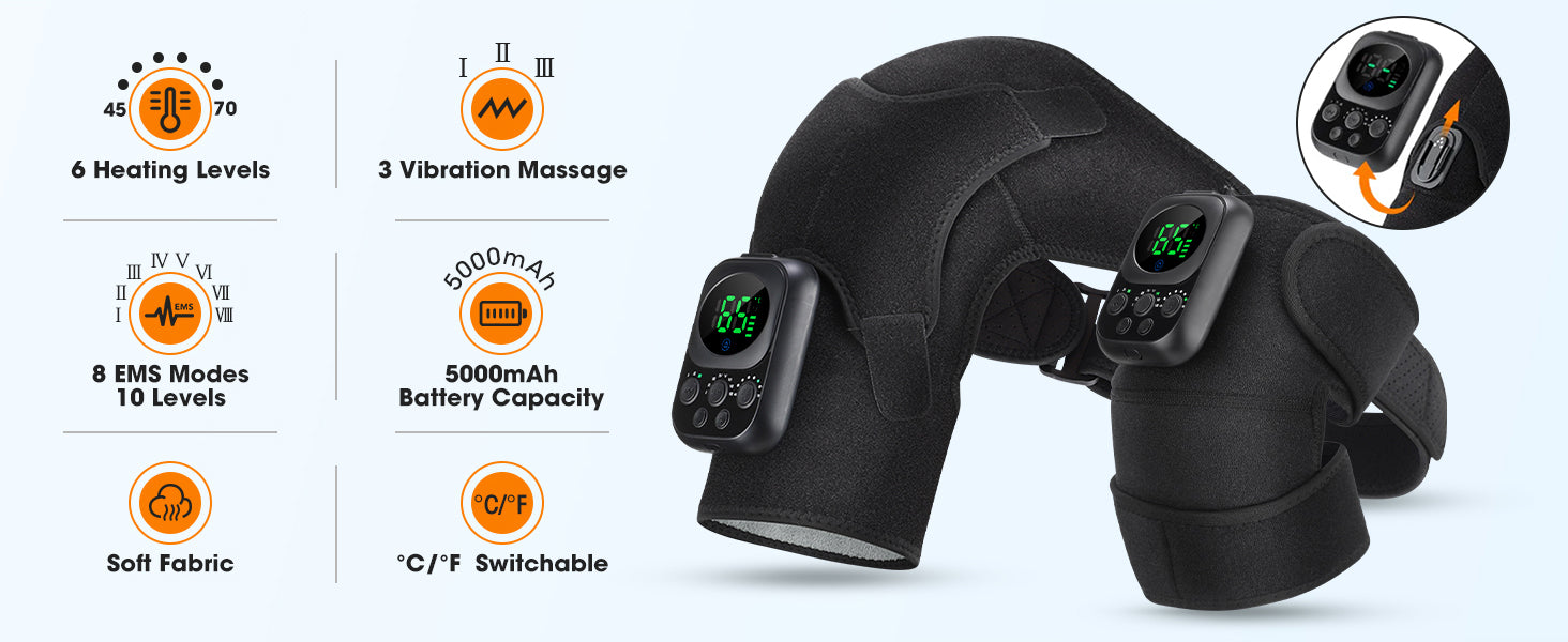 Heated shoulder and knee massager with 6 heating levels, 8 EMS modes, 3 vibration settings, and 5000mAh battery