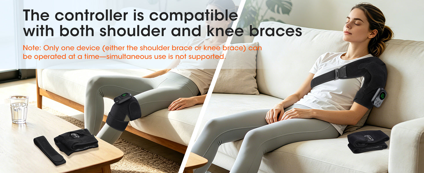 Adjustable heated shoulder and knee massager brace size specifications, fits most body sizes