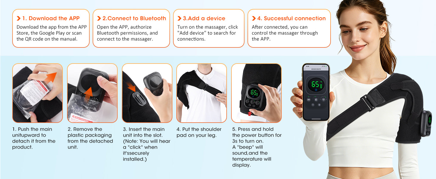 Step-by-step setup guide for heated shoulder massager: install controller, pair with Bluetooth app, and use