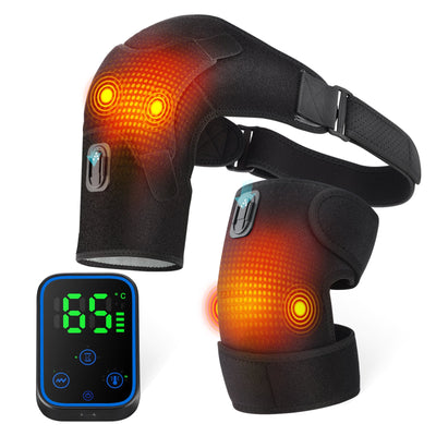 HHailiCare heating vibrating shoulder and knee massager with red heat therapy effect showing 65°C digital display