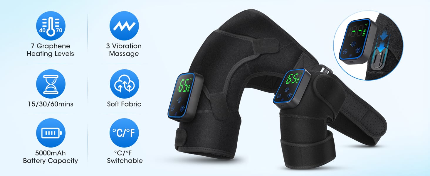 Heated shoulder and knee massager with 7 graphene heating levels, 3 vibration modes, 5000mAh battery, and soft breathable fabric