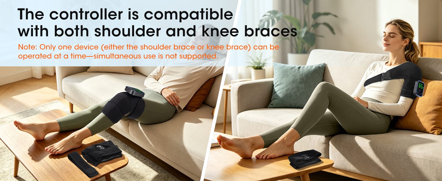 Heated massager controller compatible with both shoulder brace and knee brace for versatile pain relief