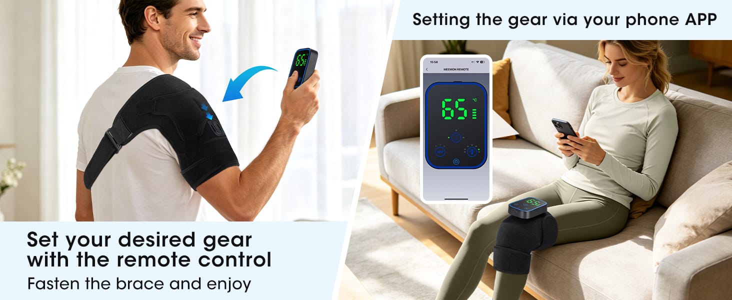 Heated shoulder and knee massager with dual control: physical remote and smartphone app for easy heat and vibration adjustment
