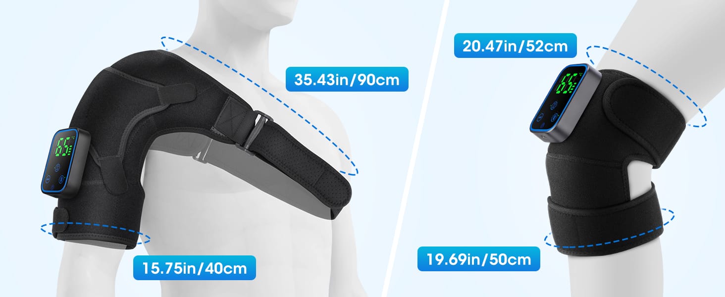 Adjustable heated shoulder and knee massager brace size specifications, fits most body sizes