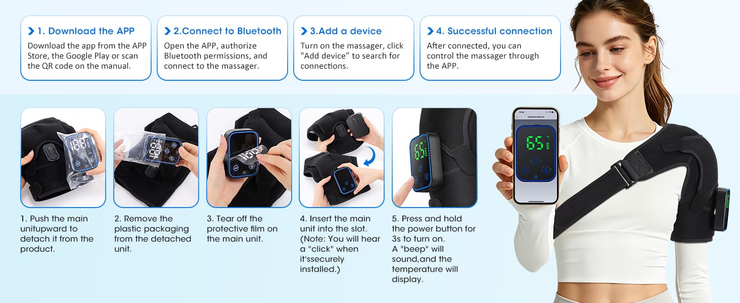 Step-by-step guide to set up the heated shoulder massager: install the controller, pair via Bluetooth app, and start using
