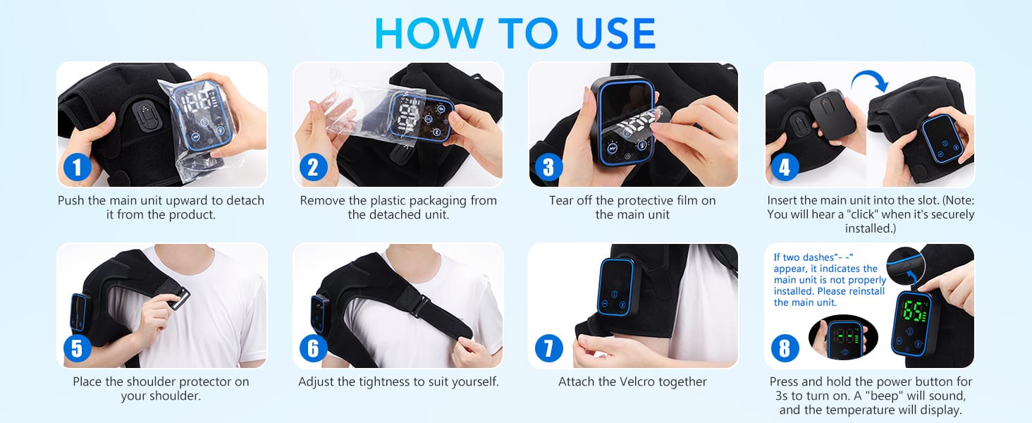 How to use guide for heated shoulder massager: install controller, adjust fit, power on and start using