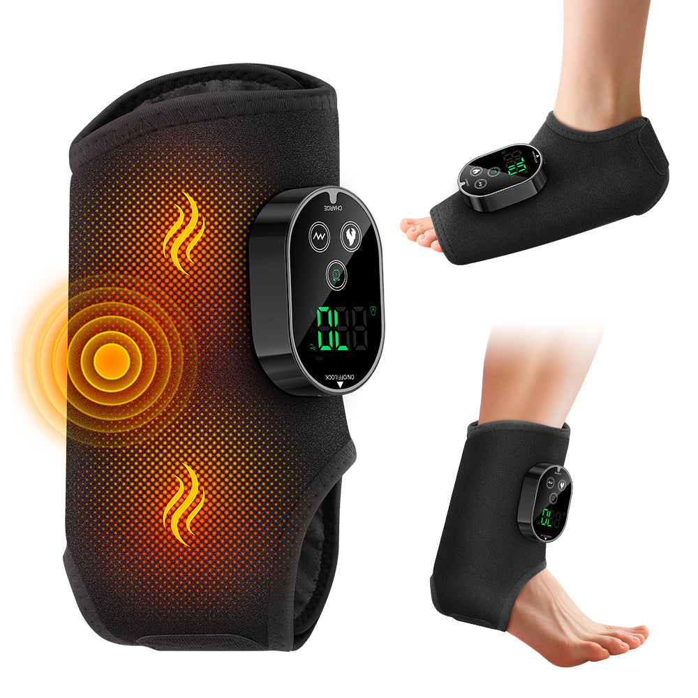 HailiCare heating vibrating ankle massager worn on foot with visible heat therapy effect and digital temperature display