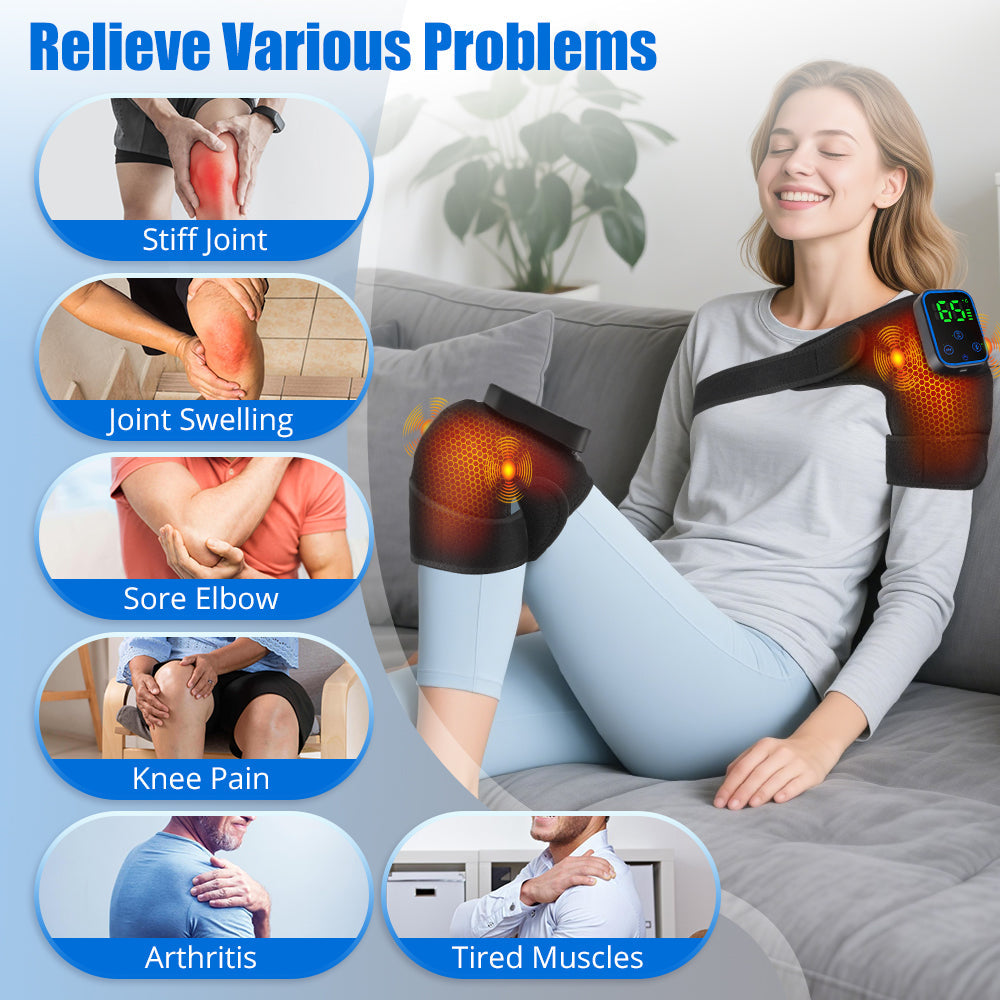 HailiCare Detachable Wireless APP Control Electric Heating Vibrating Shoulder & Knee Massager Kit 7 Temperature Levels 3 Timing Level Pain Relief 3 Levels Timer Massage Belt Brace Touch Control LCD Display Graphene Heating Shoulder & Knee Support Strap HailiCare Health & Beauty