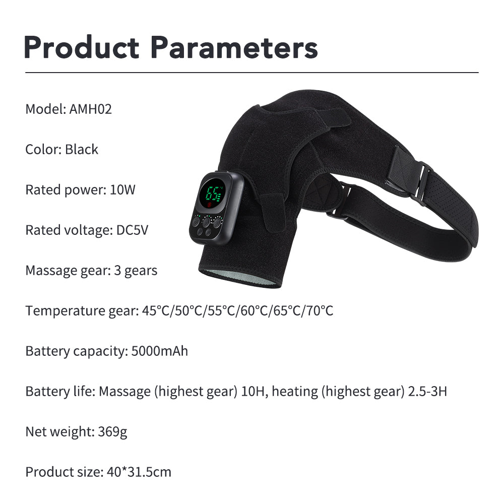 HailiCare heating vibrating shoulder brace product parameters with 6 heat levels, 3 vibration gears, and wireless controller details