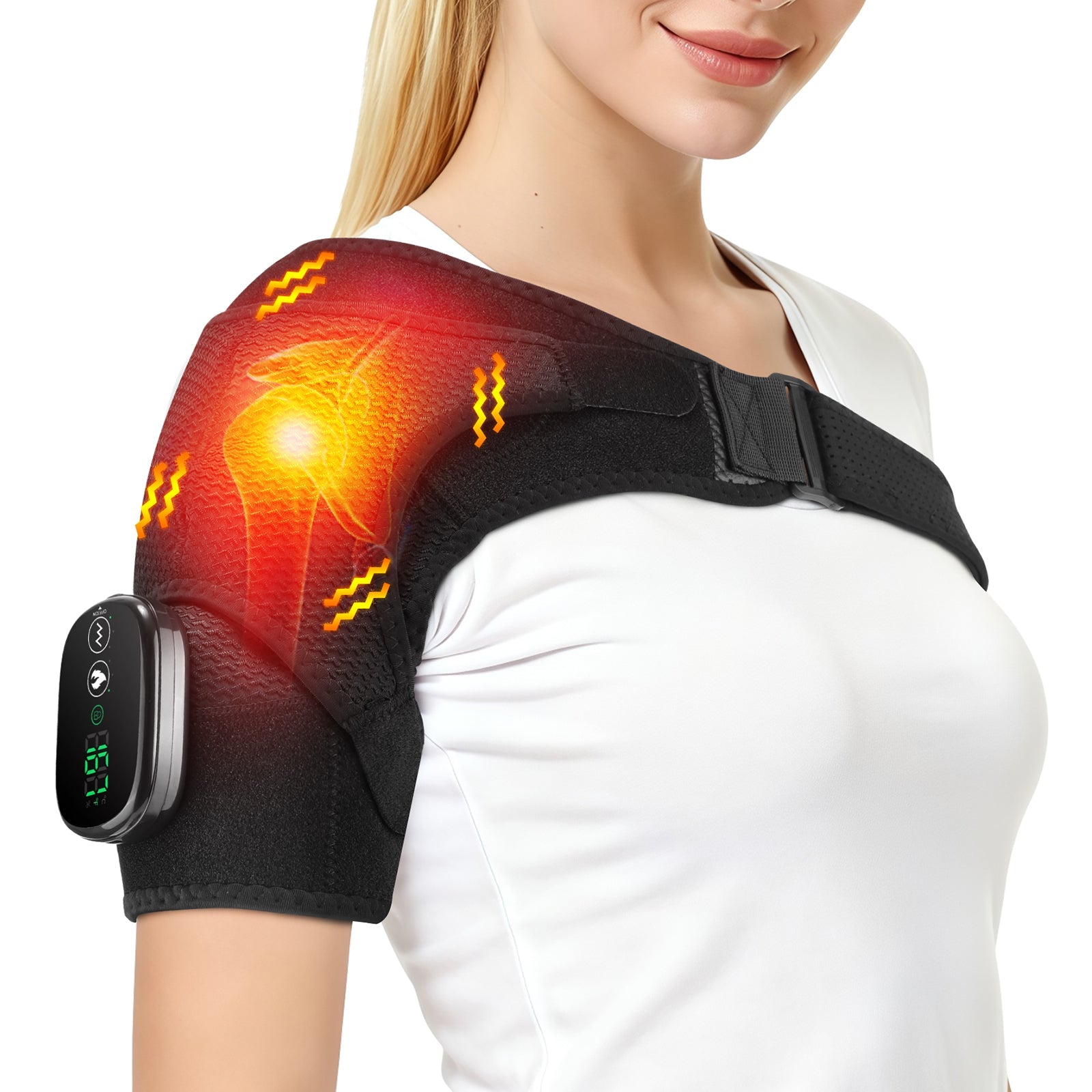 Heated Shoulder Brace Wrap with Massage for Muscle Relief, Heated Shoulder Massage with 3 Heat & Vibration Settings, Electric Shoulder Heating Pad Massager for Men Women, Black Agdoad