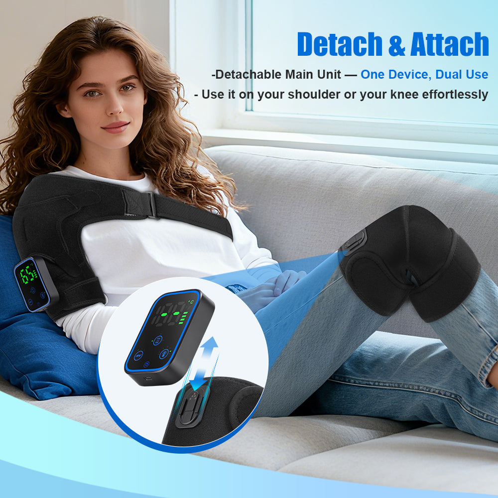 HailiCare Detachable Wireless APP Control Electric Heating Vibrating Shoulder & Knee Massager Kit 7 Temperature Levels 3 Timing Level Pain Relief 3 Levels Timer Massage Belt Brace Touch Control LCD Display Graphene Heating Shoulder & Knee Support Strap HailiCare Health & Beauty