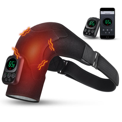 Heating vibrating shoulder brace worn on shoulder showing red heat therapy effect with digital controller displaying 55°C