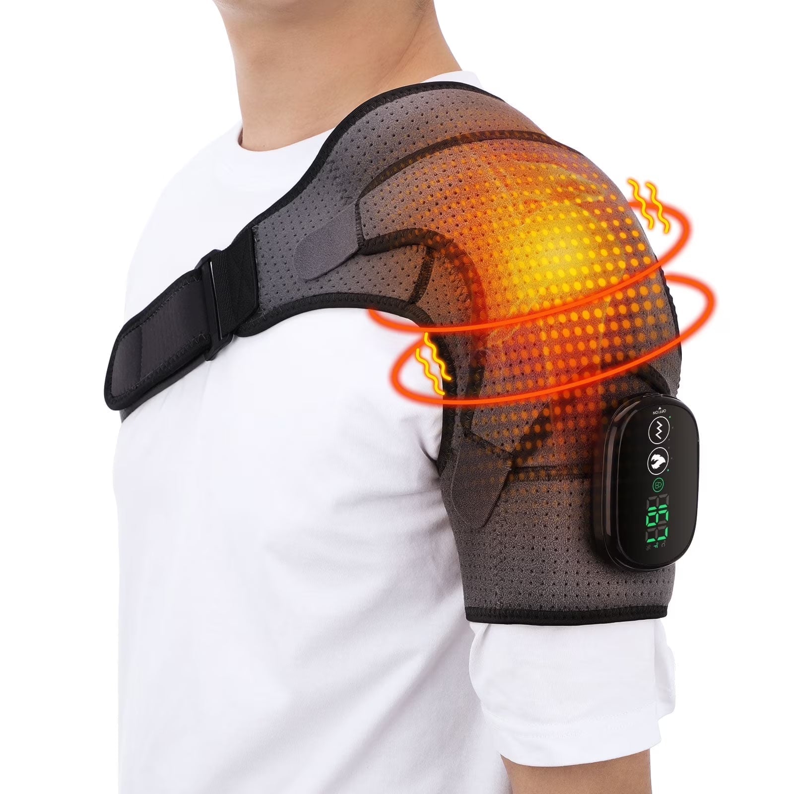 Heated Shoulder Brace Wrap with Massage for Muscle Relief, Heated Shoulder Massage with 3 Heat & Vibration Settings, Electric Shoulder Heating Pad Massager for Men Women, Gray and Black Agdoad