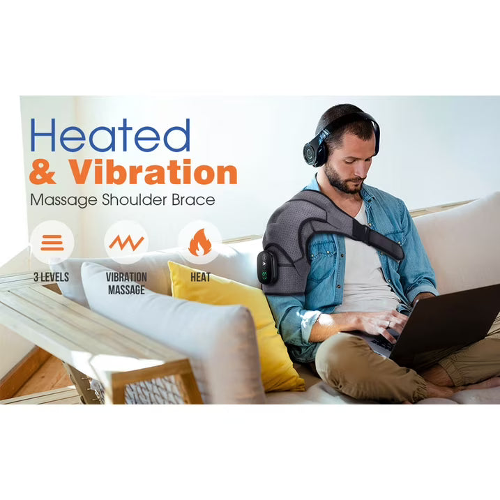 Heated Shoulder Brace Wrap with Massage for Muscle Relief, Heated Shoulder Massage with 3 Heat & Vibration Settings, Electric Shoulder Heating Pad Massager for Men Women, Gray and Black Agdoad