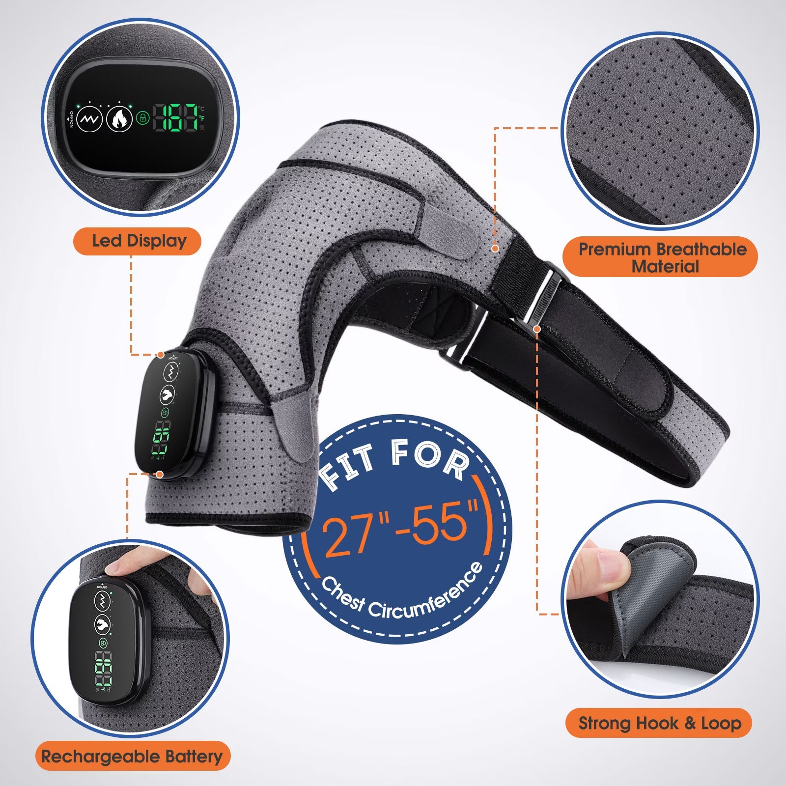 Heated Shoulder Brace Wrap with Massage for Muscle Relief, Heated Shoulder Massage with 3 Heat & Vibration Settings, Electric Shoulder Heating Pad Massager for Men Women, Gray and Black Agdoad