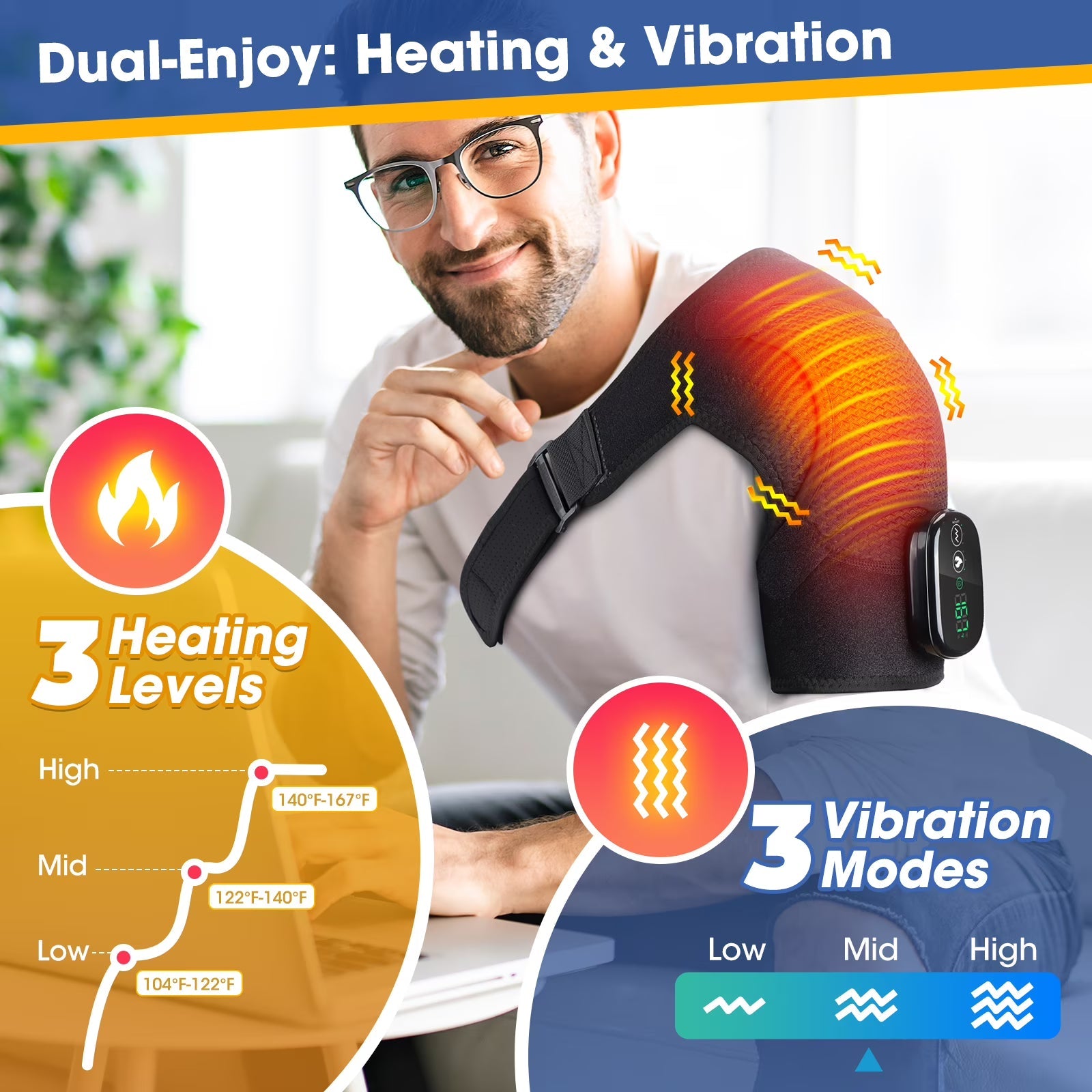Heated Shoulder Brace Wrap with Massage for Muscle Relief, Heated Shoulder Massage with 3 Heat & Vibration Settings, Electric Shoulder Heating Pad Massager for Men Women, Black Agdoad