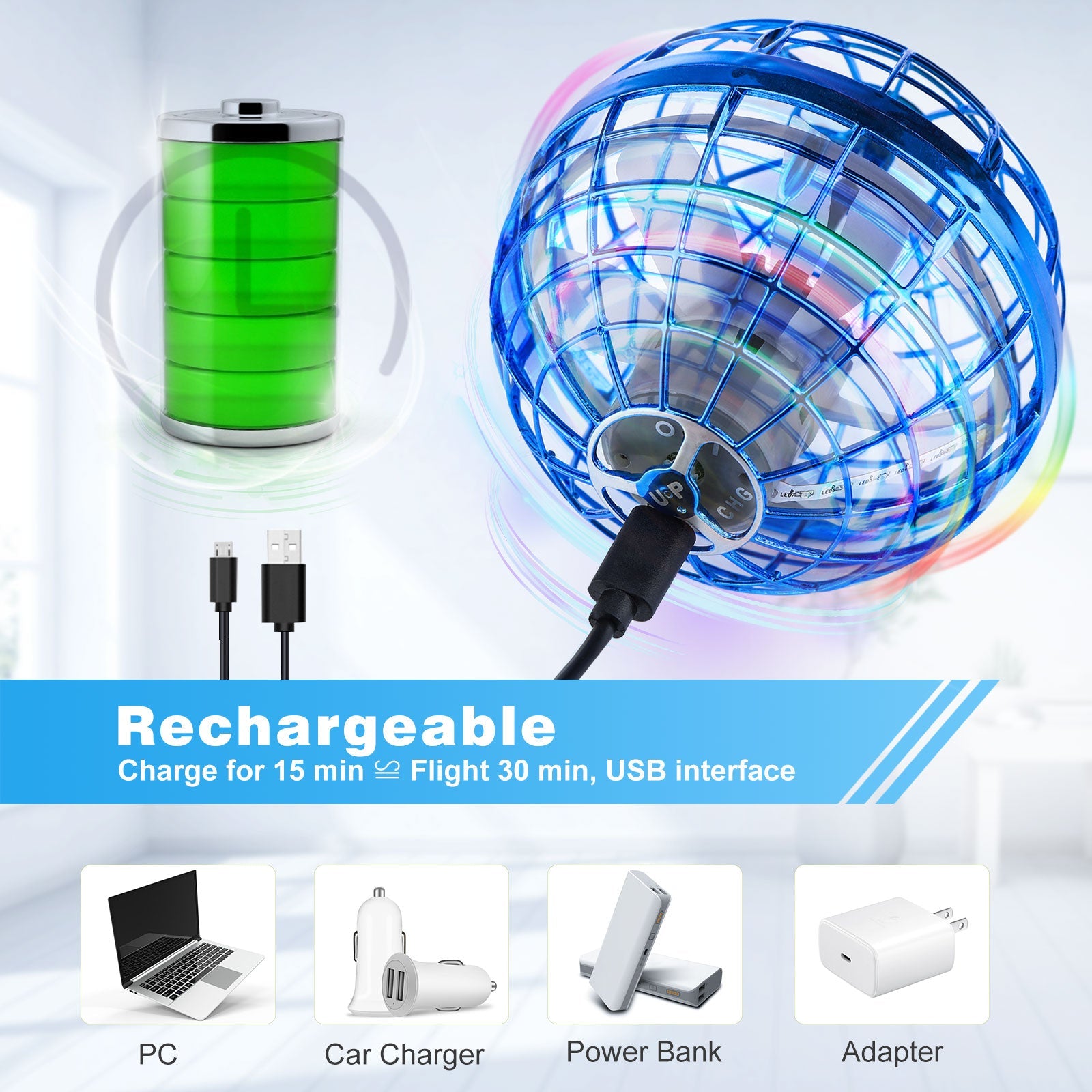 New Flying Orb Ball Toys 360°Rotating Soaring Hover Orb Boomerang Spinner Magic LED Lights Mini Drone Globe Hand Controlled Flying Ball Toys Cool Toys Gift (Blue) Hwallkare