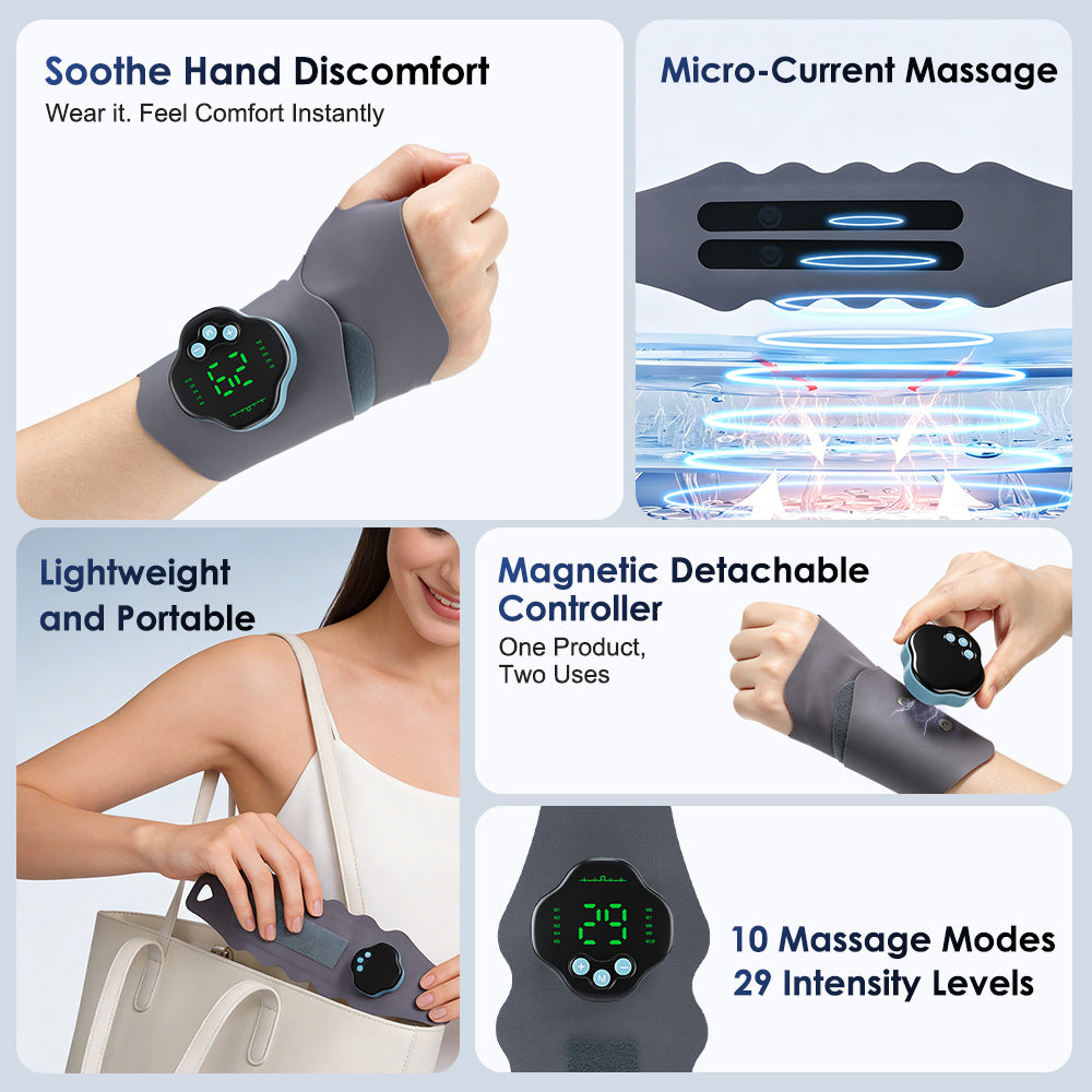 Cordless Wrist Massager Brace Wrap, Microcurrent Wrist Massager with 10 Modes & 29 Intensities, Hand Massage Device for Wrist Support Wrap for Fatigue Relief, Detachable Magnetic Controller Agdoad