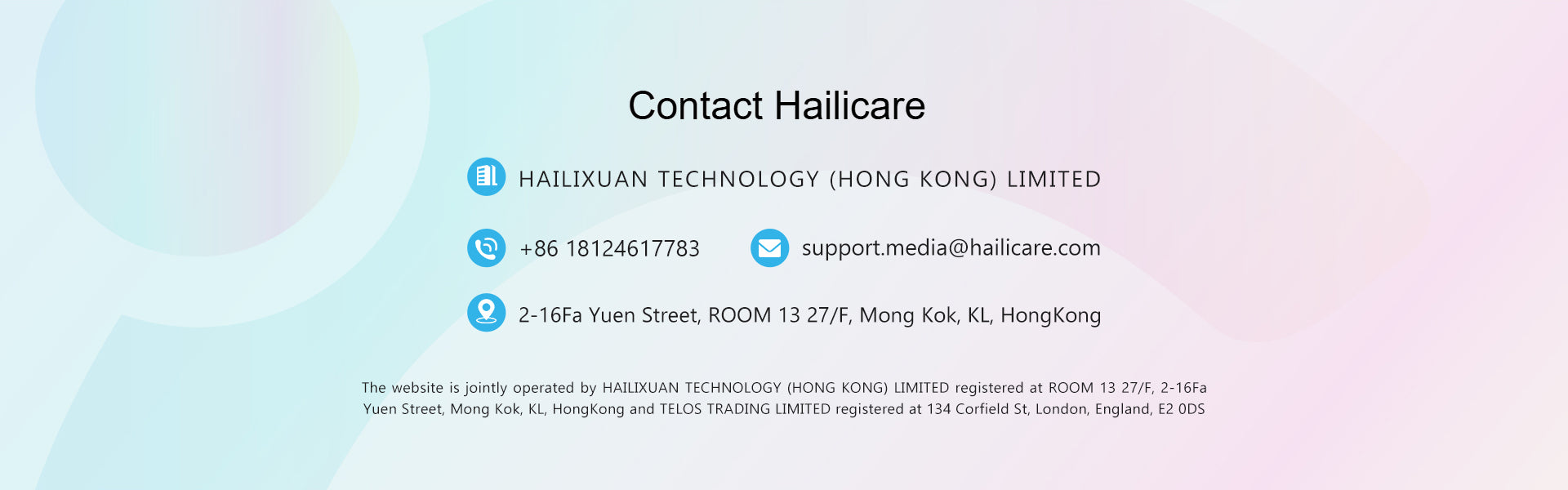 Contact information for Hailicare, including company name, phone number, email, and address