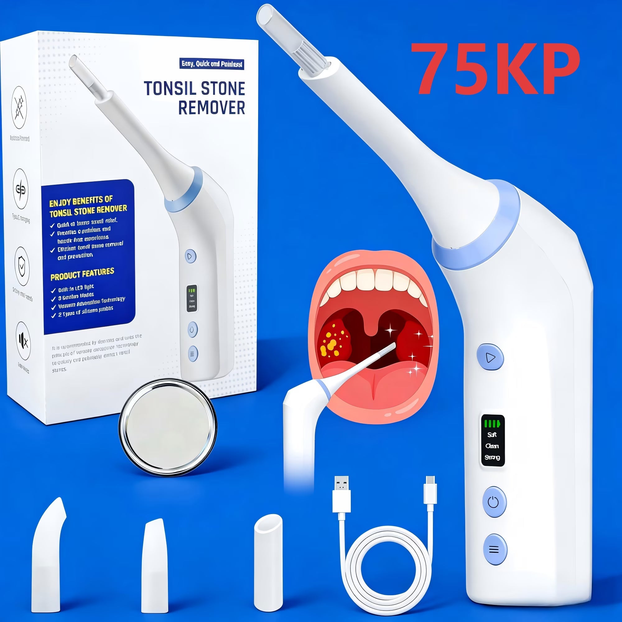 Electronic Tonsil Stone Remover Vacuum,Cordless Tonsil Stone Removal Kit Tool with 75KPA Suction & LED Light,Upgraded Tonsil Cleaner,5X Magnifying Mirror,Fight Bad Breath, Mouth Cleaning Oral Care BearCris