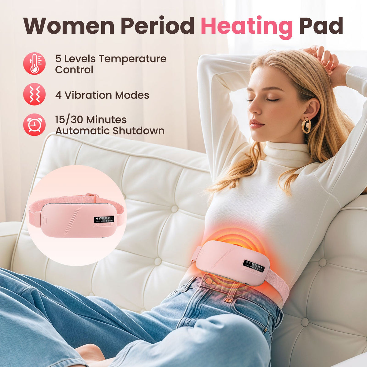HailiCare Menstrual Relief Portable Cordless Heating Pad Electric Fast Heating Vibration Massage Belt Reduce Dysmenorrhea Abdominal Warmer Belt Women Period Heating Belt with 5 Heat Levels and 4 Massage Modes HailiCare Health & Beauty