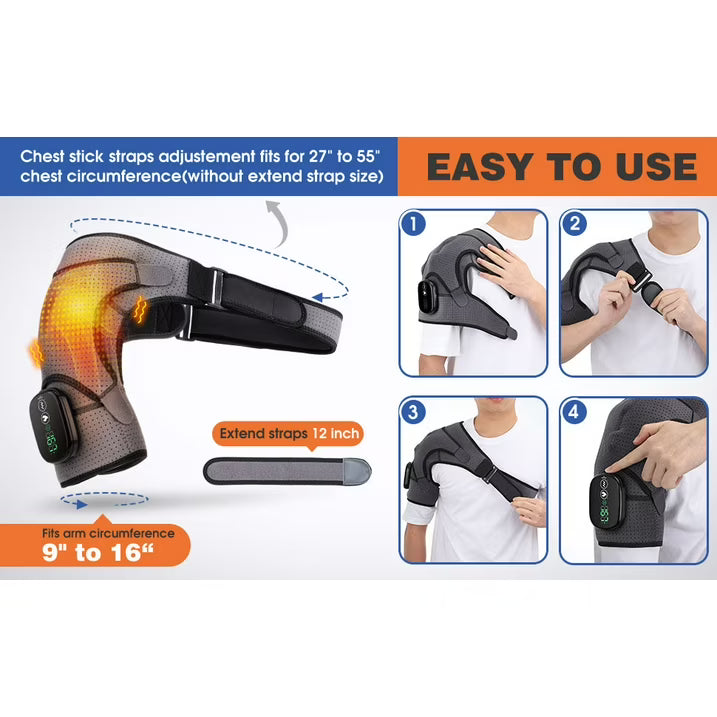 Heated Shoulder Brace Wrap with Massage for Muscle Relief, Heated Shoulder Massage with 3 Heat & Vibration Settings, Electric Shoulder Heating Pad Massager for Men Women, Gray and Black Agdoad