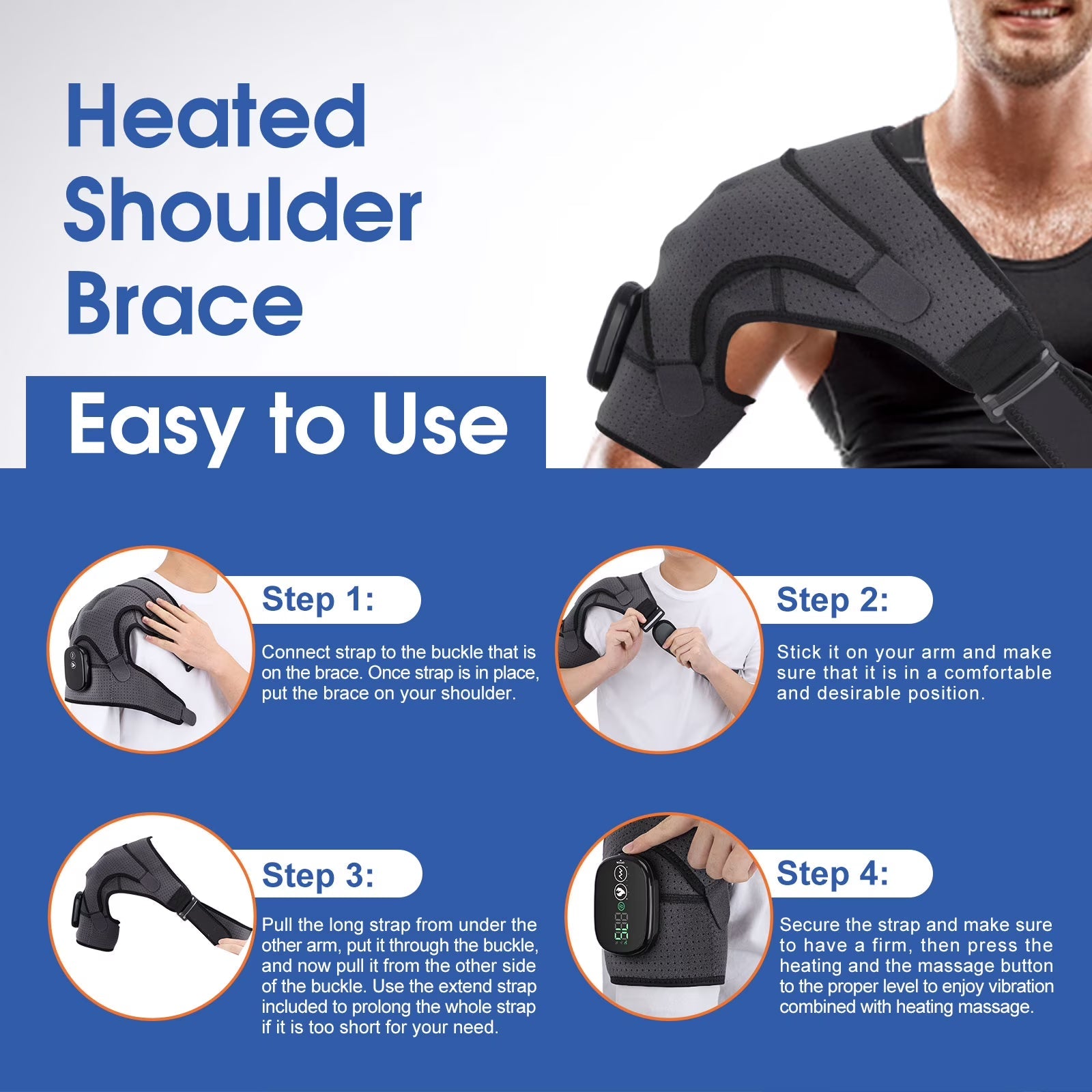 Heated Shoulder Brace Wrap with Massage for Muscle Relief, Heated Shoulder Massage with 3 Heat & Vibration Settings, Electric Shoulder Heating Pad Massager for Men Women, Gray and Black Agdoad