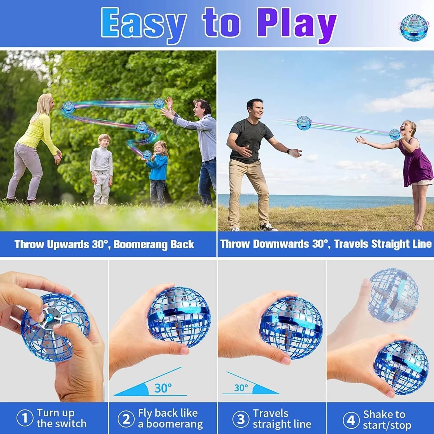 Flying Orb Ball Toys 360°Rotating Soaring Hover Orb Boomerang Spinner Magic LED Light Flying Ball Toys Hand Controlled Spinning Drone Ball Safe for Kids Adults Indoor Outdoor, Age for 6+ Agdoad