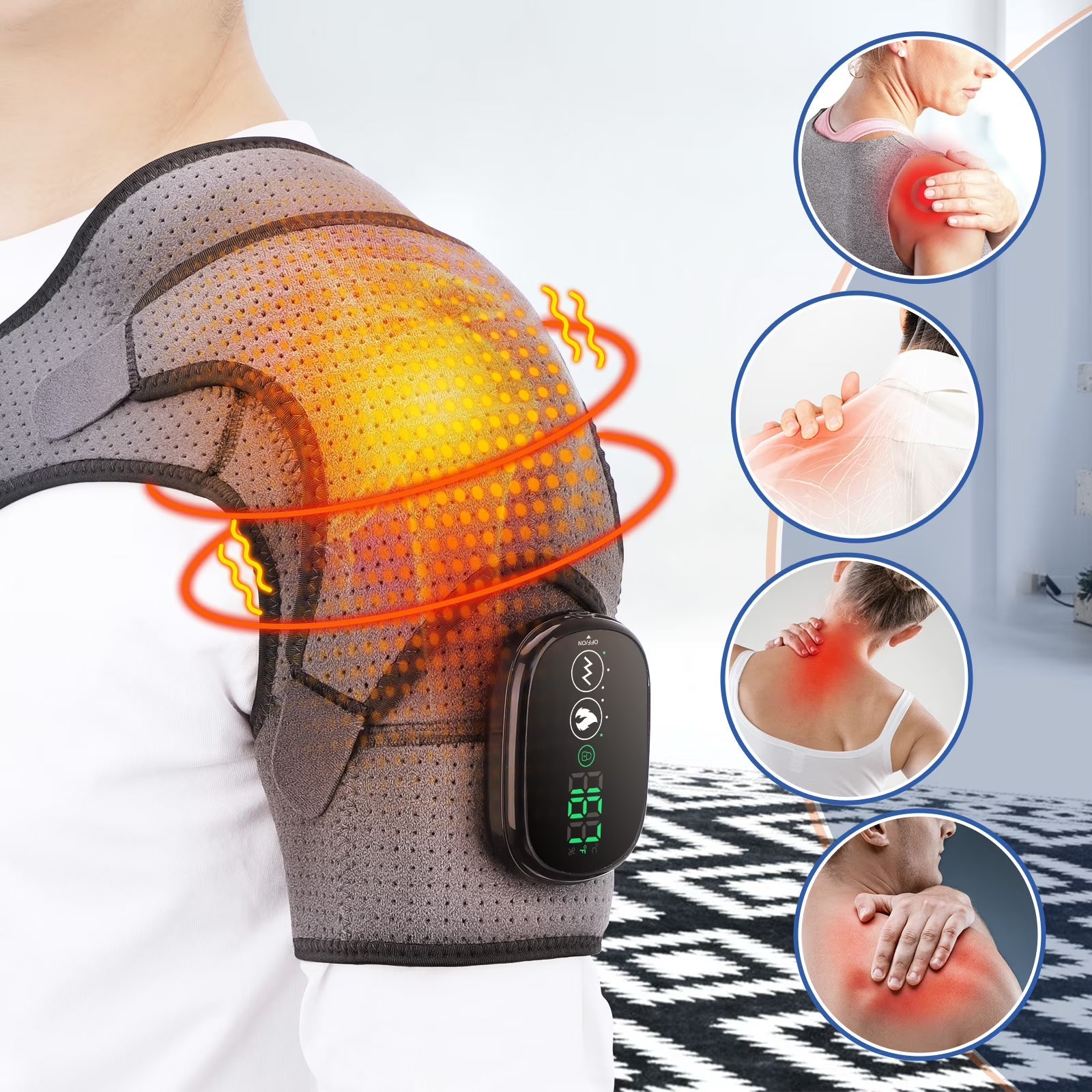 Heated Shoulder Brace Wrap with Massage for Muscle Relief, Heated Shoulder Massage with 3 Heat & Vibration Settings, Electric Shoulder Heating Pad Massager for Men Women, Gray and Black Agdoad